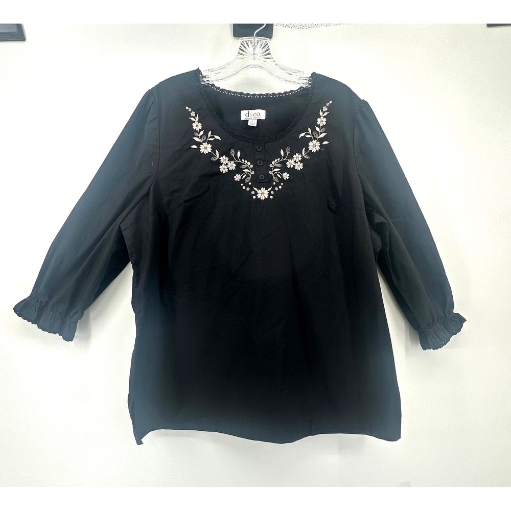 Denim & Co Black Embroidered Floral Blouse 3/4 Ruffle Sleeve Lace Trim Large